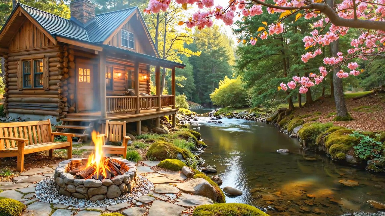 Blissful Spring Riverside Cabin Porch Retreat 🌿🔥 Soft Piano, Crackling Fire Pit Flow with Birdsong