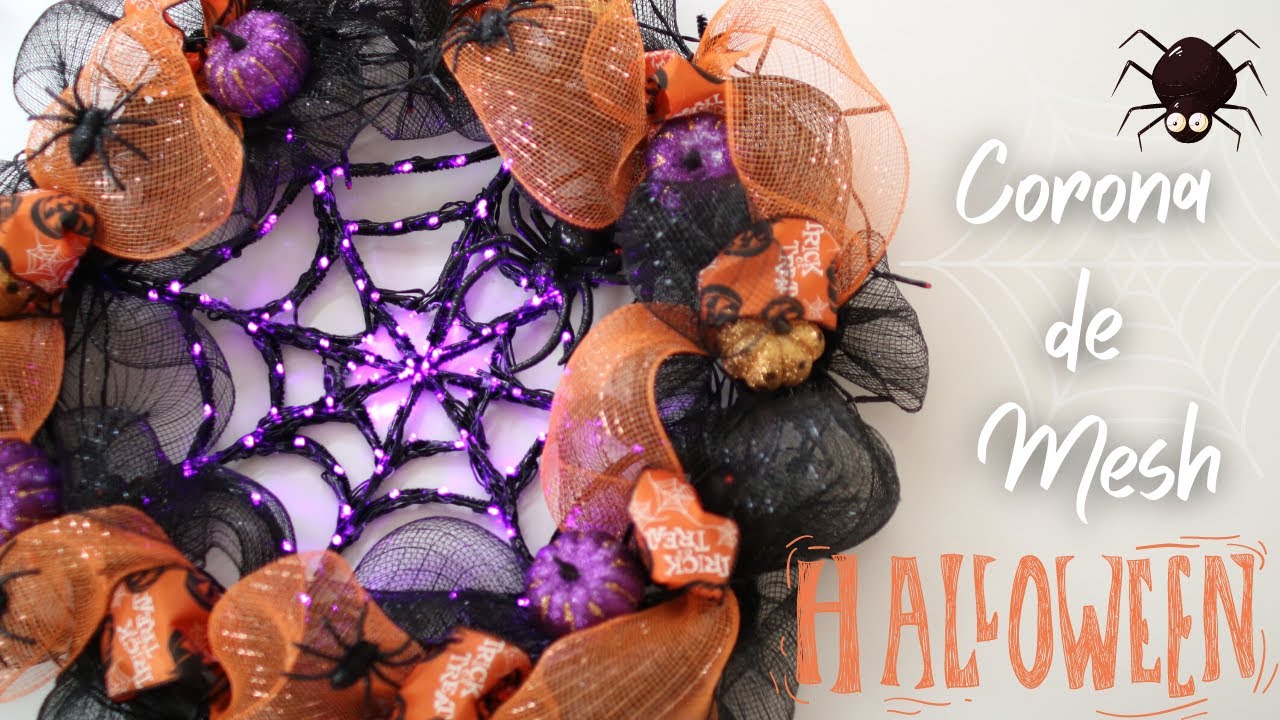 CORONA DE MESH PARA HALLOWEEN : Aprende cómo hacer esta corona para puerta con luces