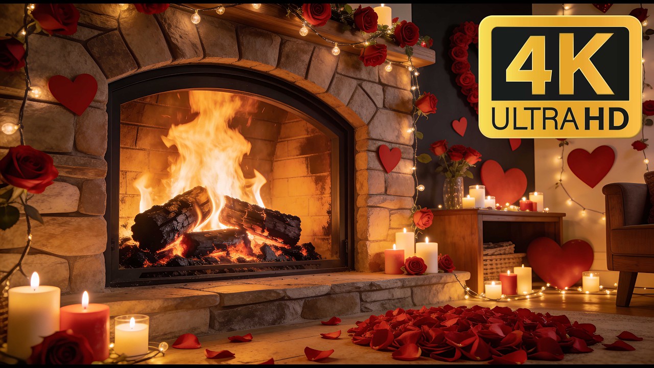 12H Romantic Fireplace 4K ❤️ Candlelight & Cozy Crackling Fire (No Music)