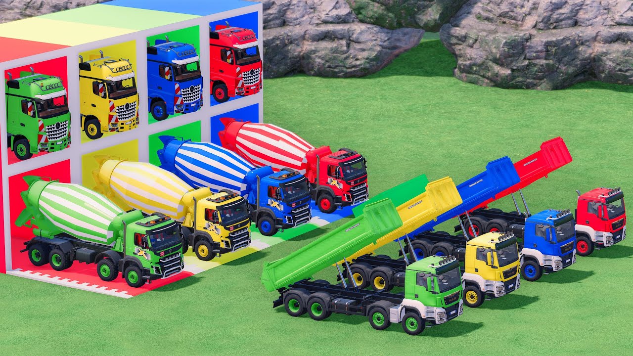 Trucks With COLORS - VOLVO MIXER TRUCK and MAN DUMP TRUCK with MERCEDES FLATBED TRAILER TRUCK