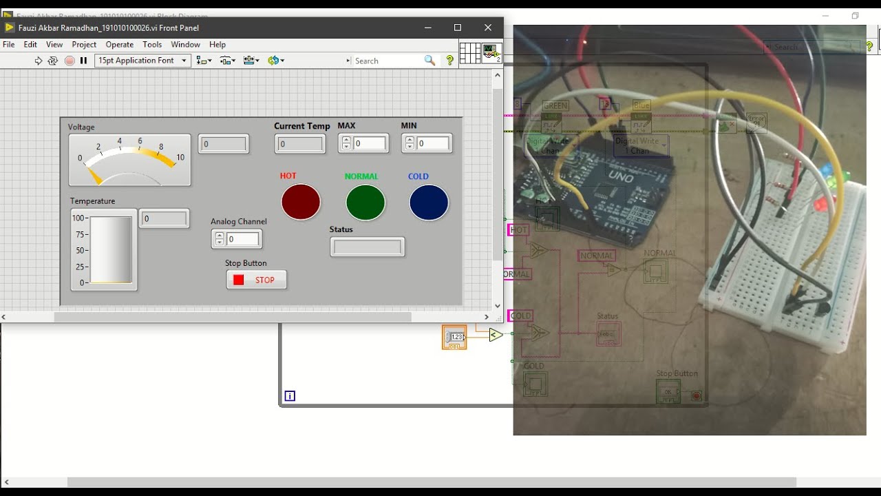 Temperature Sensor LM35 dengan 3 Indikator LED, LabView Arduino