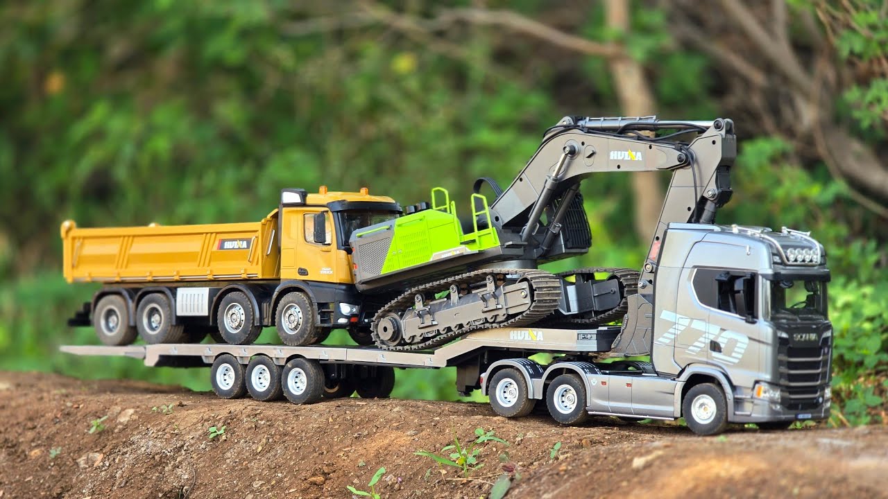 Excavator Huina 1593 Working Loading Stone In To Dump Trailer Scania 770 Semi Trailer & Huina 1536