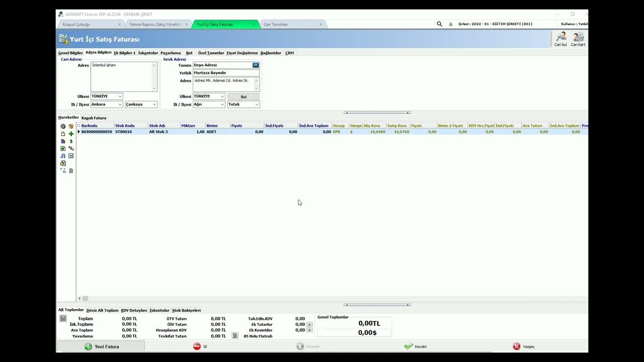 AKINSOFT WOLVOX ERP - Fatura İşlemleri - Fatura Sayfası |  Adres Bilgileri Sekmesi Kullanımı