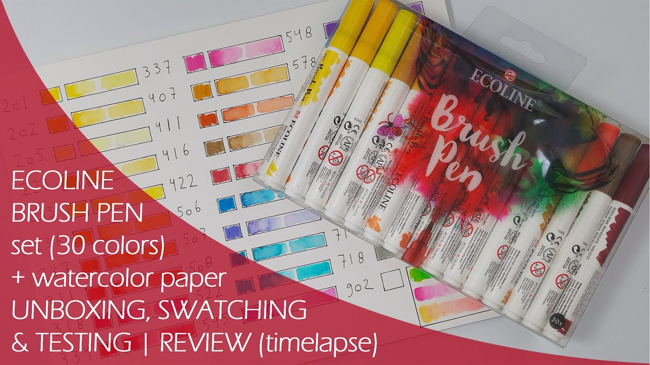 ECOLINE : BRUSH PEN set (30) + WATERCOLOR PAPER PAD | REVIEW VIDEO | (unboxing, swatching & testing)