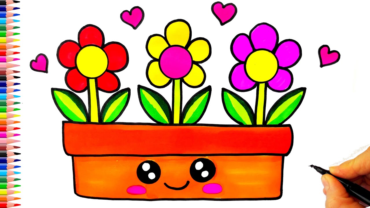 Saksıda Sevimli Çiçek Çizimi 🌻🌼🌻 Sevimli Çiçek Çizimi - Saksıda Çiçek Nasıl Çizilir?