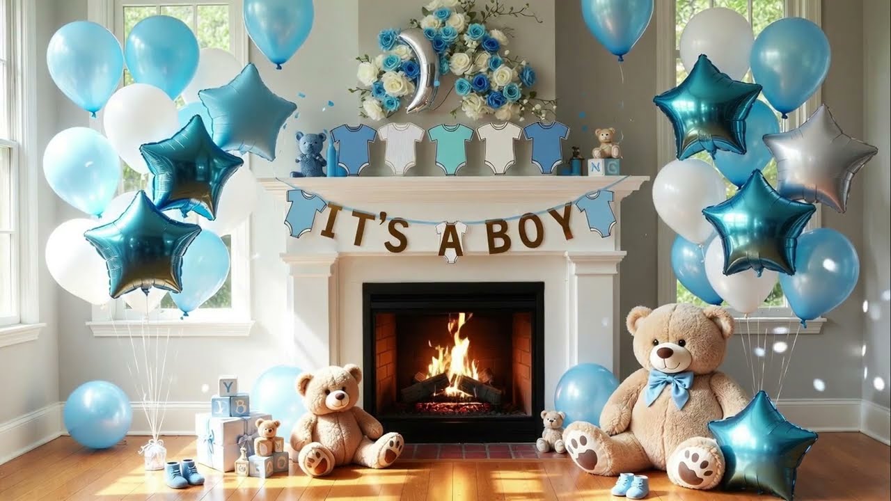 Baby Boy Shower Fireplace Ambiance | Cozy Daylight Scene with Crackling Fire ASMR, 2 Hour