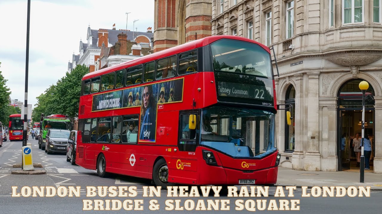 London's Buses in heavy rain at London Bridge and Sloane Square 9th March 2023