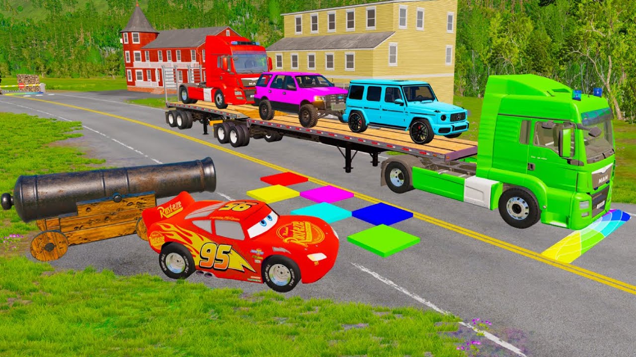 Flatbed Trailer McQueen Transportation with Truck - Speedbumps vs Cars vs Train - BeamNG.Drive #5