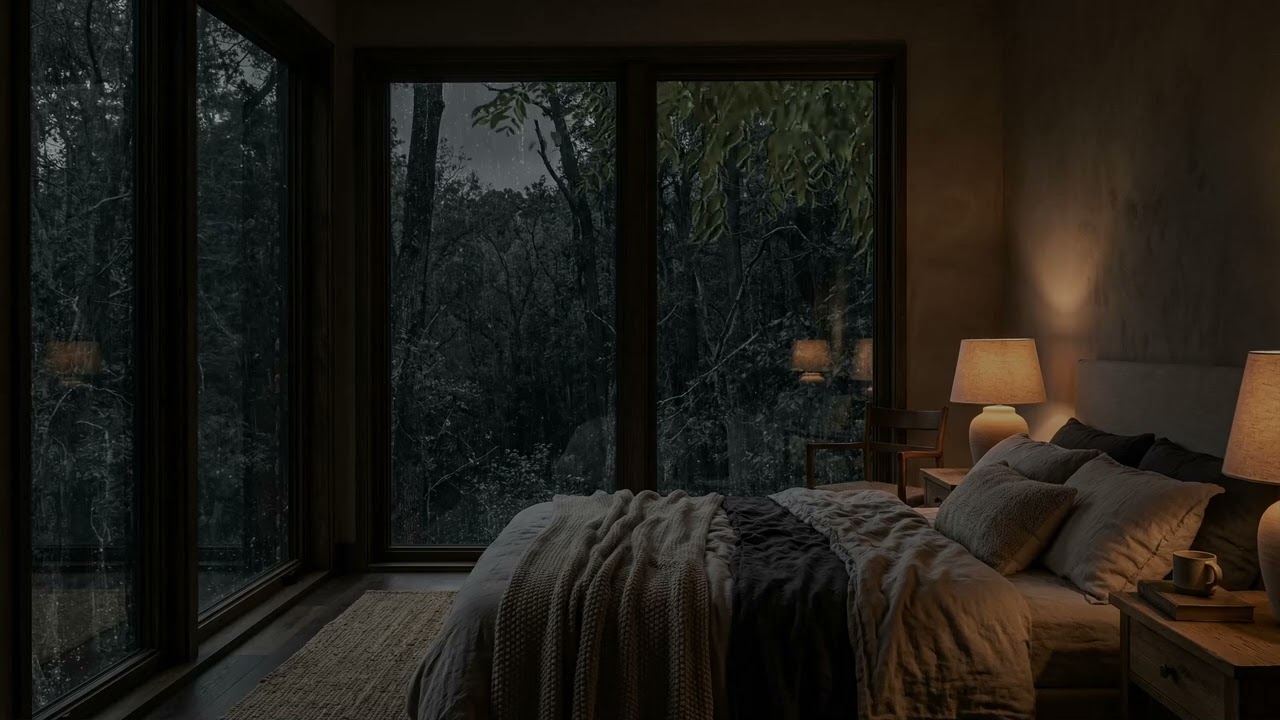 Dreamy Forest Rain Seen From A Cozy Bedroom Window In The Quiet Midnight