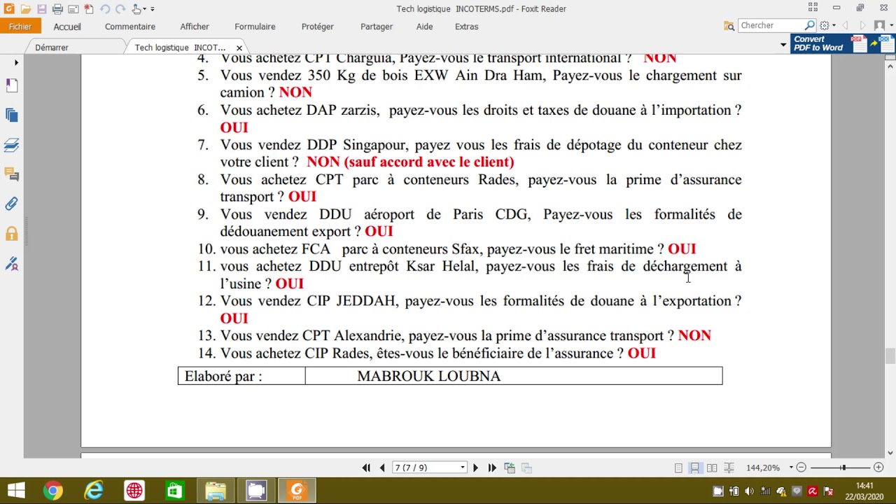 TECHNIQUES LOGISTIQUES A L'INTERNATIONAL # EXERCICES INCOTERMS Partie 1(VIDEO 5)