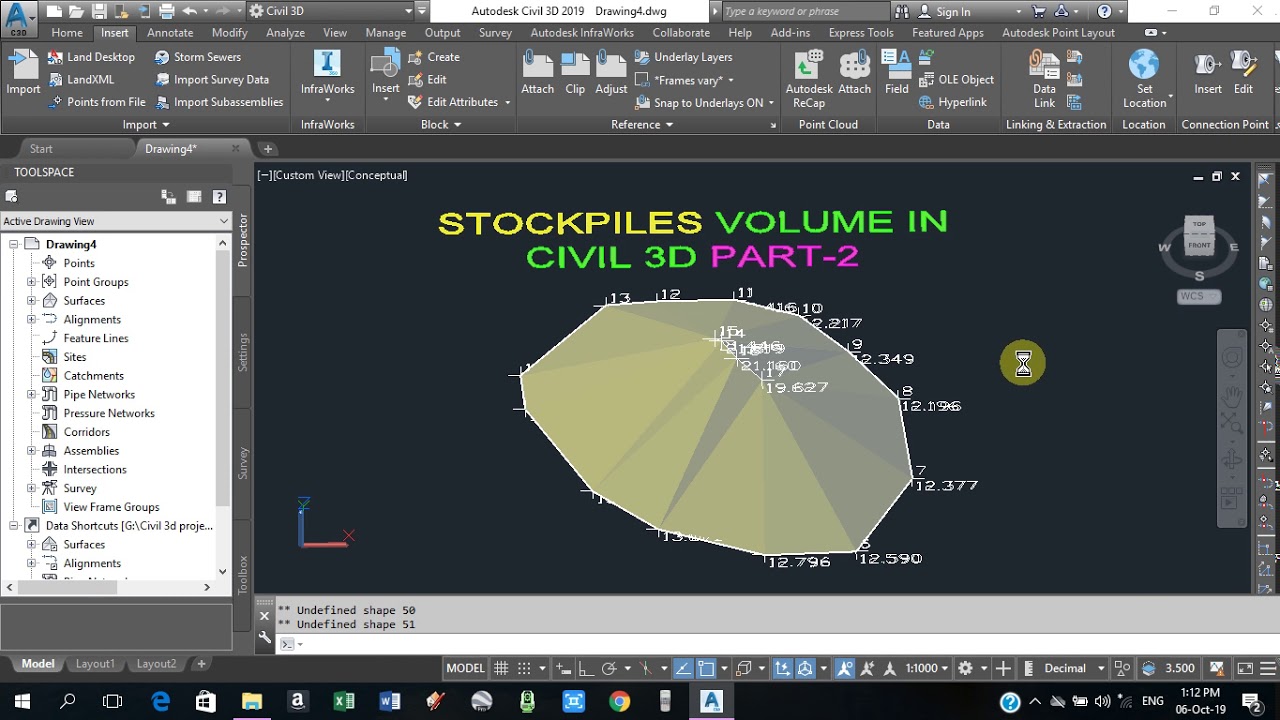 Stock piles volume in civil 3d using DXF data files P#2