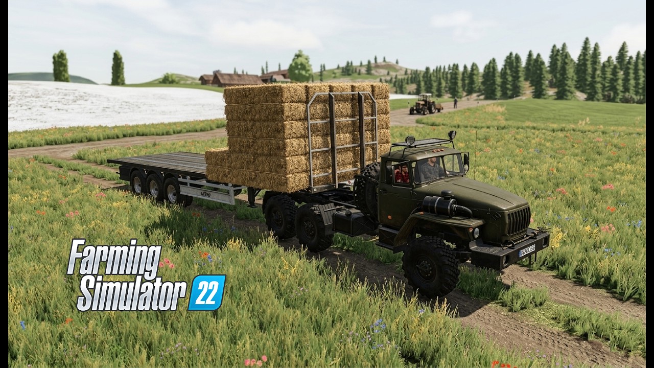 Farming Simulator 22 - Ural 44202 and Fliegl Flatbed Semi Trailer, bale/тюк