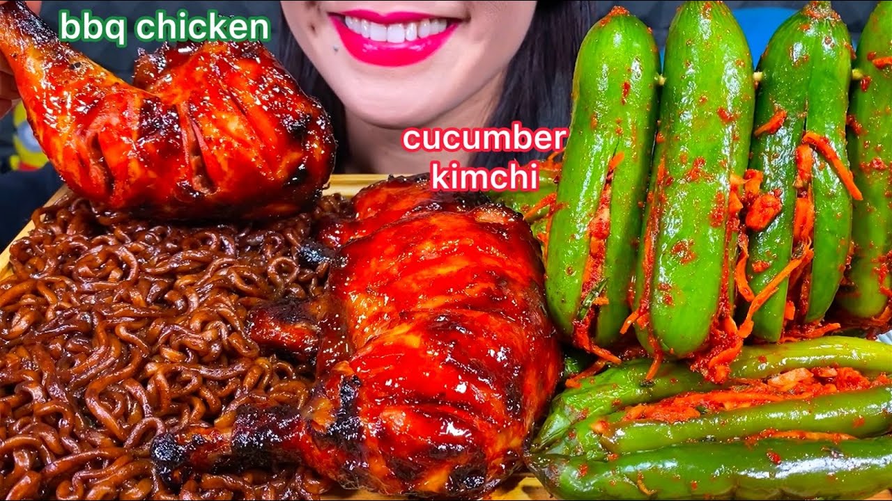 ASMR BLACK BEAN NOODLES, BBQ CHICKEN, CUCUMBER + HOT CHILI KIMCHI MASSIVE Eating Sounds