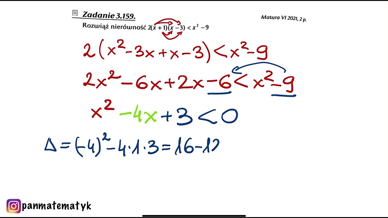 Rozwiąż nierówność 2(x+1)(x-3) mniejsze x^2-9. Matura czerwiec 2021