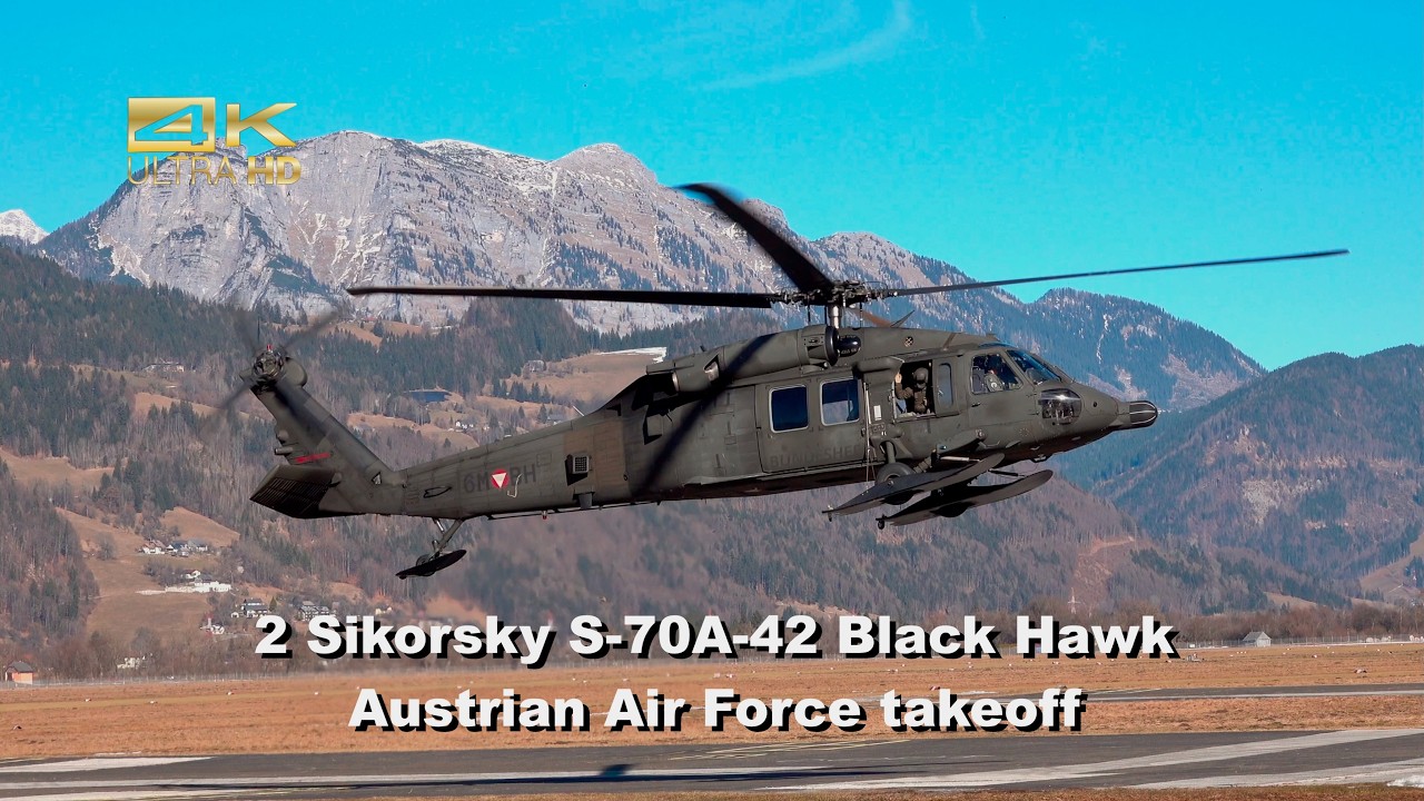 2 Sikorsky S-70A-42 Black Hawk Austrian Air Force 6M-BH 6M-BB departure Aigen Airbase LOXA #military