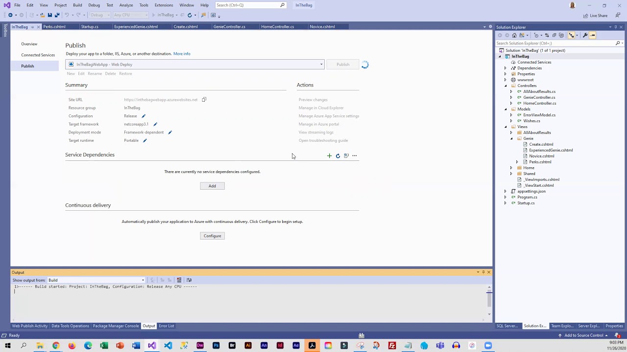 Deploying mvc asp net core web app without a database to azure