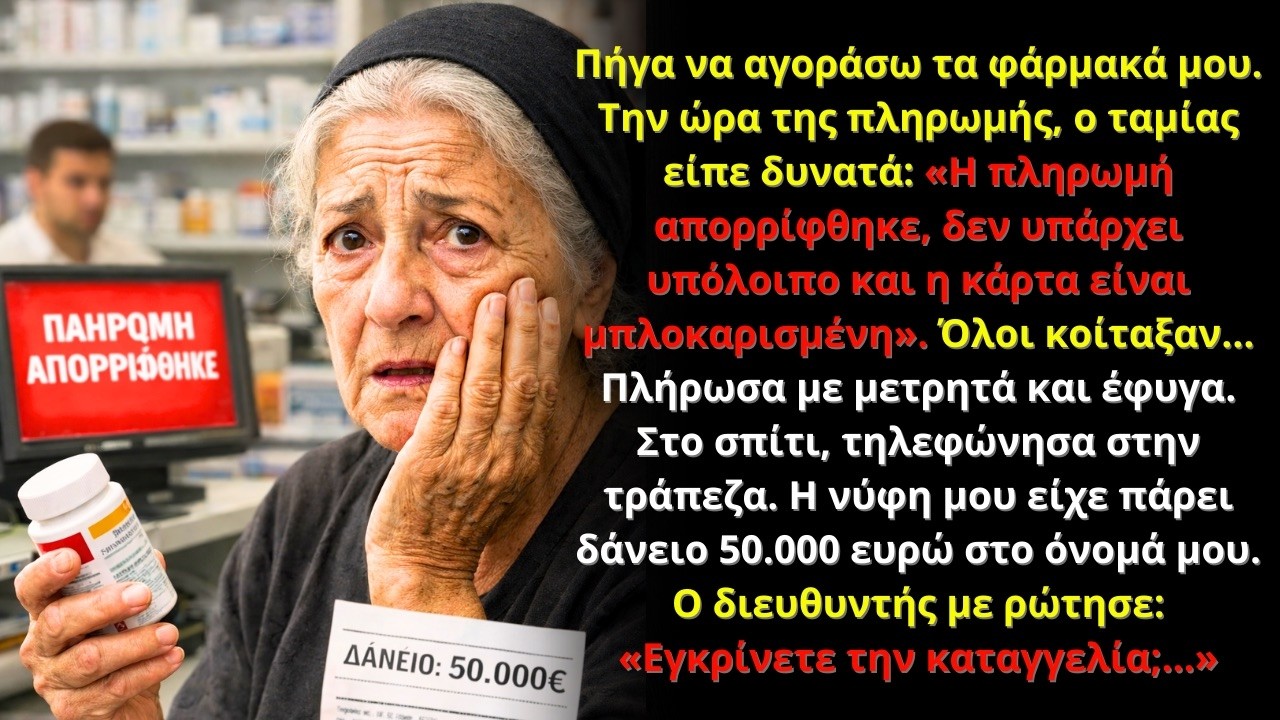 Πήγα για τα φάρμακά μου. «Η πληρωμή απορρίφθηκε»  η νύφη μου είχε πάρει δάνειο 50.000€ στο όνομά μου