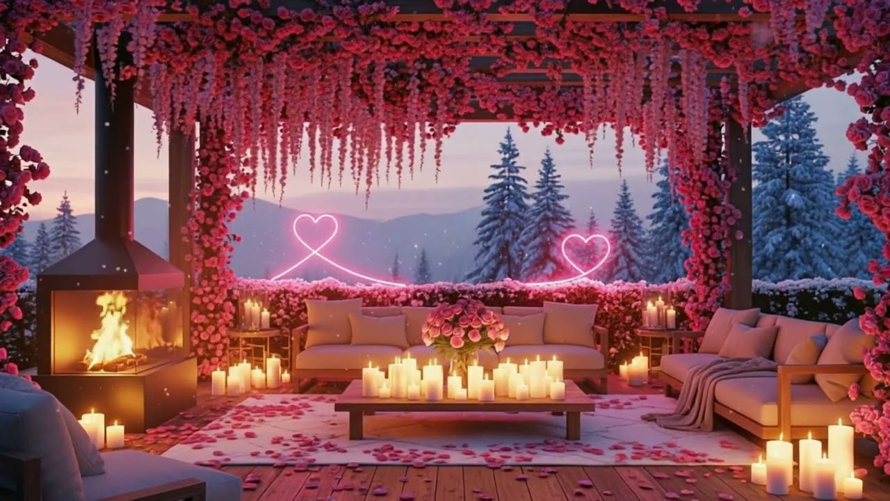 Valentine Cozy Jazz ❄️💕 | Sweet Pink Snow Porch & Fireplace Sounds