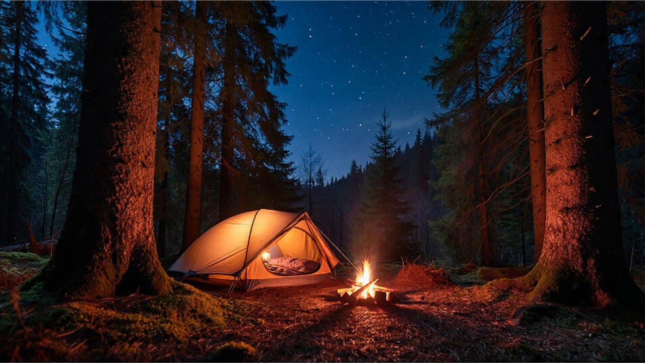 Crickets Night with Campfire I Deep Forest Tent Ambience for Sleep | Relaxing Piano & Insect Sounds