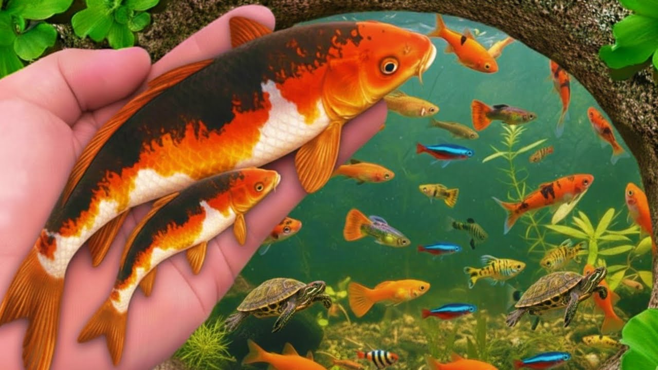 Catch beautiful aquarium fish in small pond baby turtle, eel, koi, pencil fish, cute fish, guppies