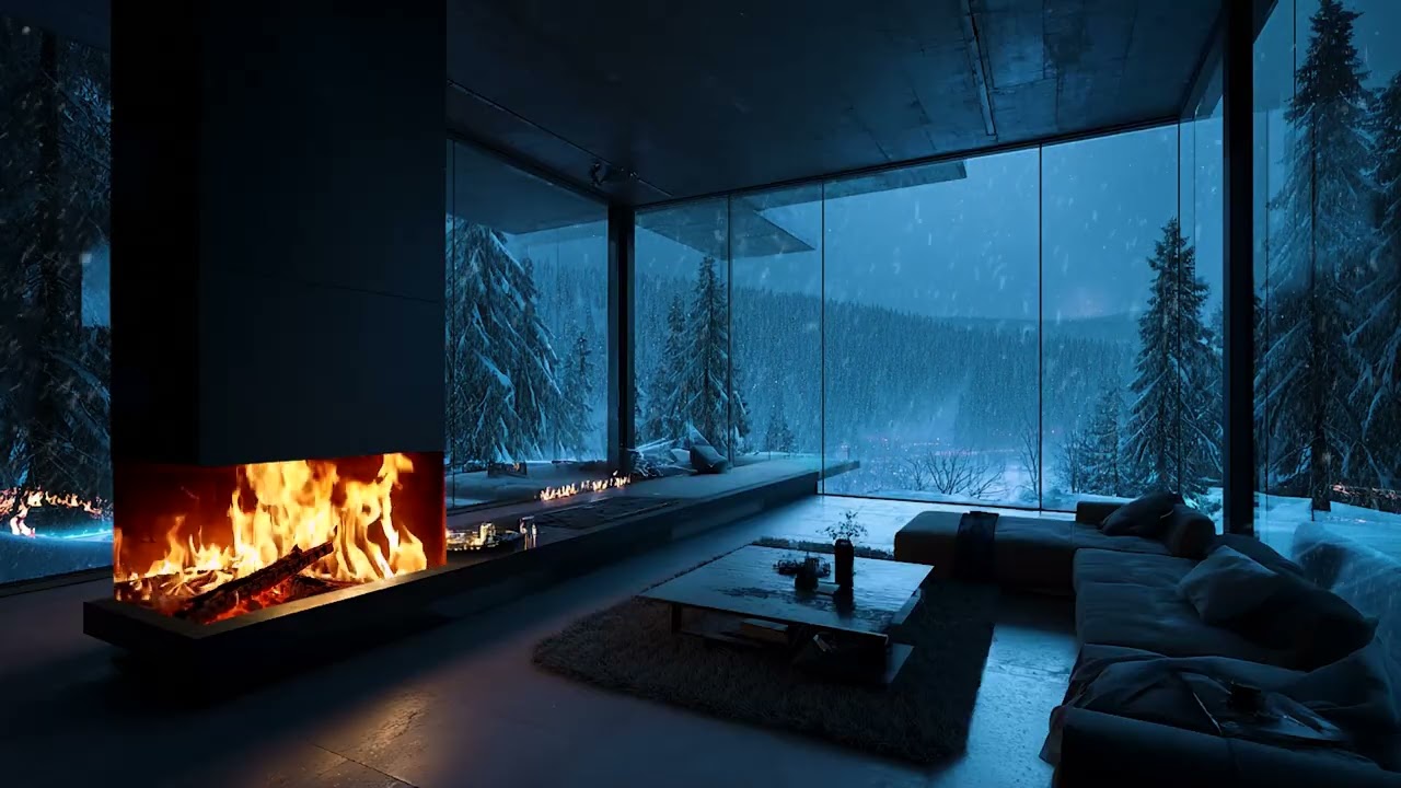 Cozy Romantic Winter Cabin Snow Wind and Fireplace Sounds for Deep Sleep and Relaxation