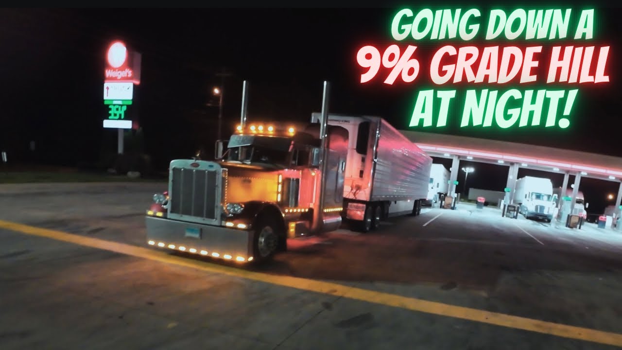Going down a 9% grade hill at night | CAT 6nz jake brake screaming | 2000 Peterbilt 379