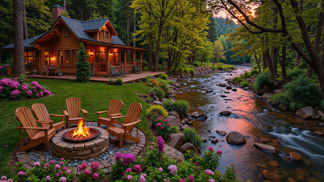 Soothing Piano Music Riverside Porch in Woods 🌺🔥 Crackling Fire Pit & Birdsounds to Study, Work