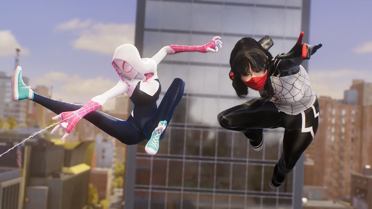 Игра Marvel's Spider Man 2 на ПК и PS5: Человек-паук Гвен и Шелковая паутина в двойном костюме пр...