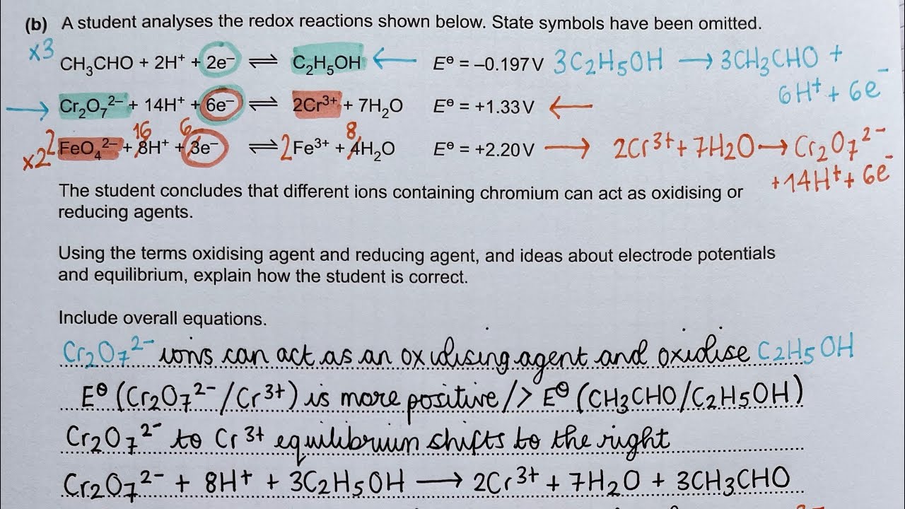 Worked exam answer - OCR A A level electrode potentials and redox question