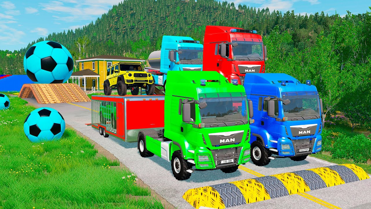 Triple Flatbed Trailer McQueen Transportation with Truck - Speedbumps vs Cars vs Train - BeamNG 0115