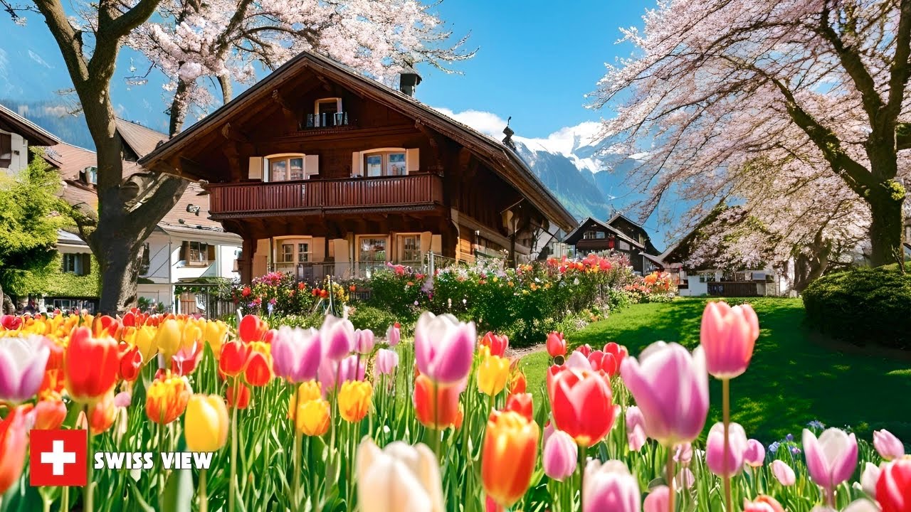 ИНТЕРЛАКЕН, ШВЕЙЦАРИЯ🇨🇭МИРНАЯ ВЕСЕННЯЯ ПРОГУЛКА ПО ШВЕЙЦАРСКОМУ ГОРОДУ 🌸