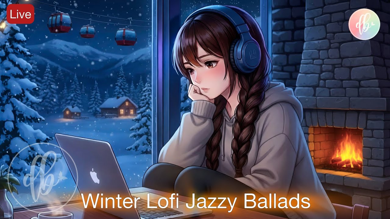 Midnight Snowfall ❄️ Cozy Lofi Jazz Ballads ~ Relaxing Fireplace Ambience to Study/Sleep
