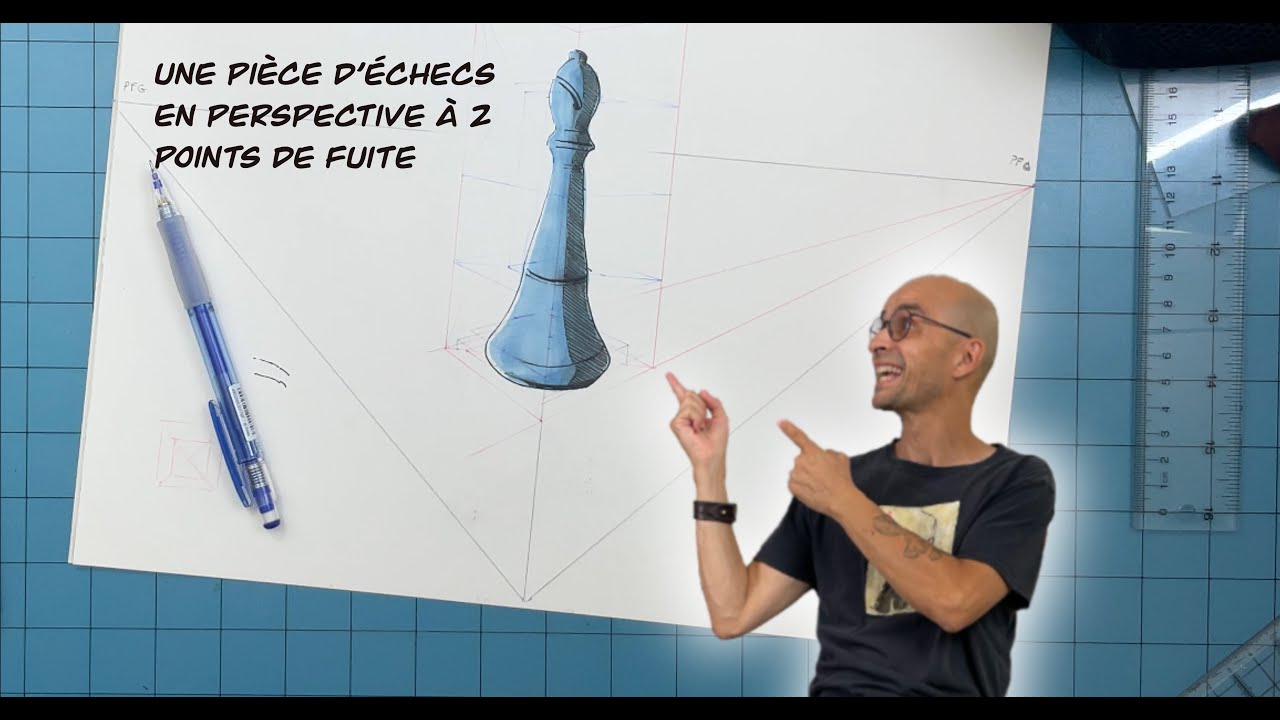 Une pièce d'échecs (le fou) en perspective à 2 points de fuite