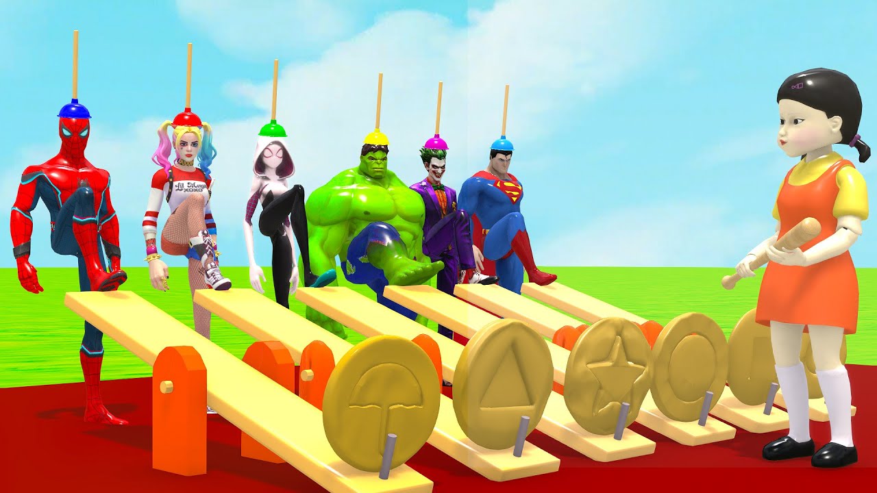 Super Hero 3D vs Squid Game Dangerous Bridge Survival Hulk Spider Man Brainrot Challenge