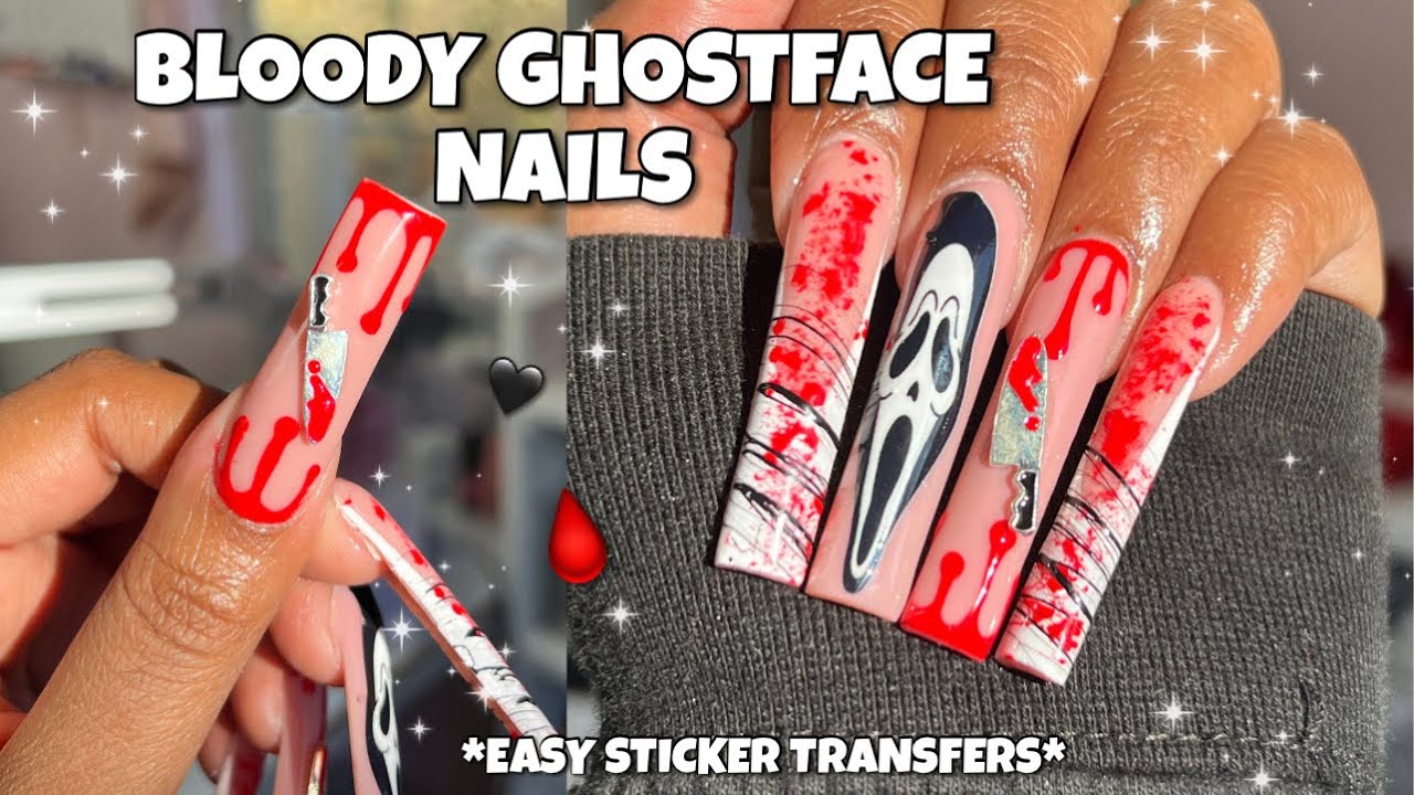 KILLER GHOSTFACE HALLOWEEN NAILS 🩸🔪| EASY STICKER TRANSFER NAIL ART | POLYGEL APPLICATION