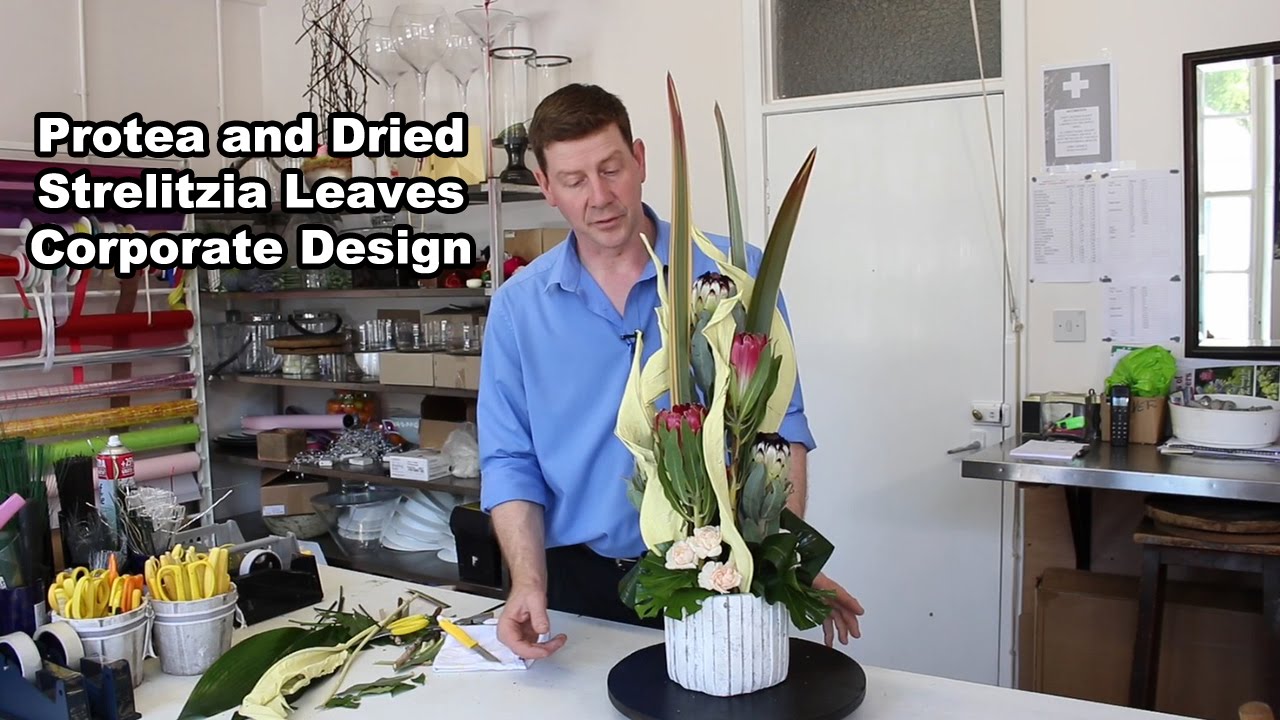 Protea And Dried Strelitzia Leaves Flower Arrangement - Corporate Design -