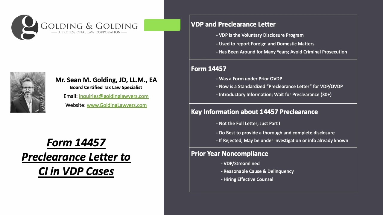 Разъяснение формы предварительного согласования 14457 OVDP и VDP для IRS CI (Golding & Golding, с...