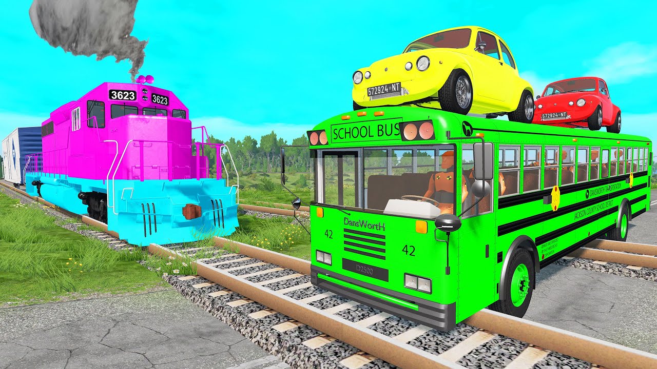 Train vs Bus with Crane Truck Rescue Car - Cars vs Train BeamNG Drive
