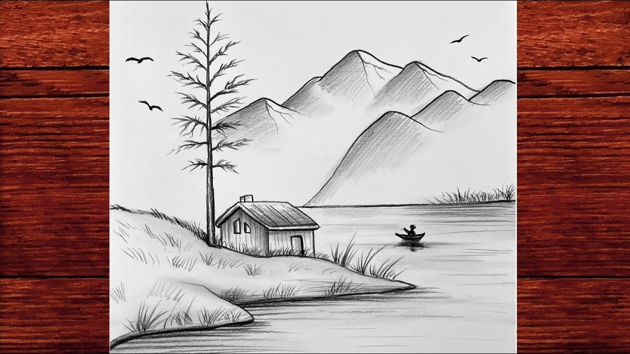 How to Draw a Lake House Cabin | Easy Pencil Landscape Drawing Step by Step