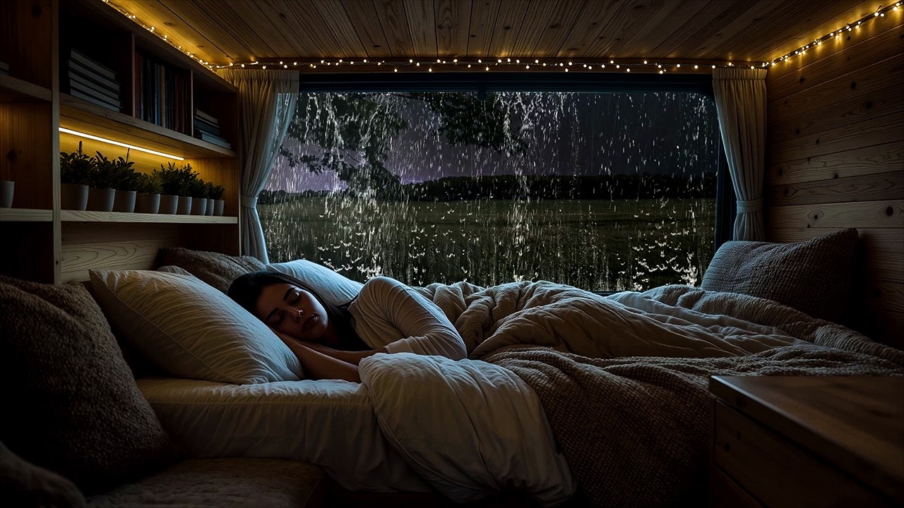 Soothing Heavy Rain on a Camping Van and Thunder for deep sleep  - Rain sounds