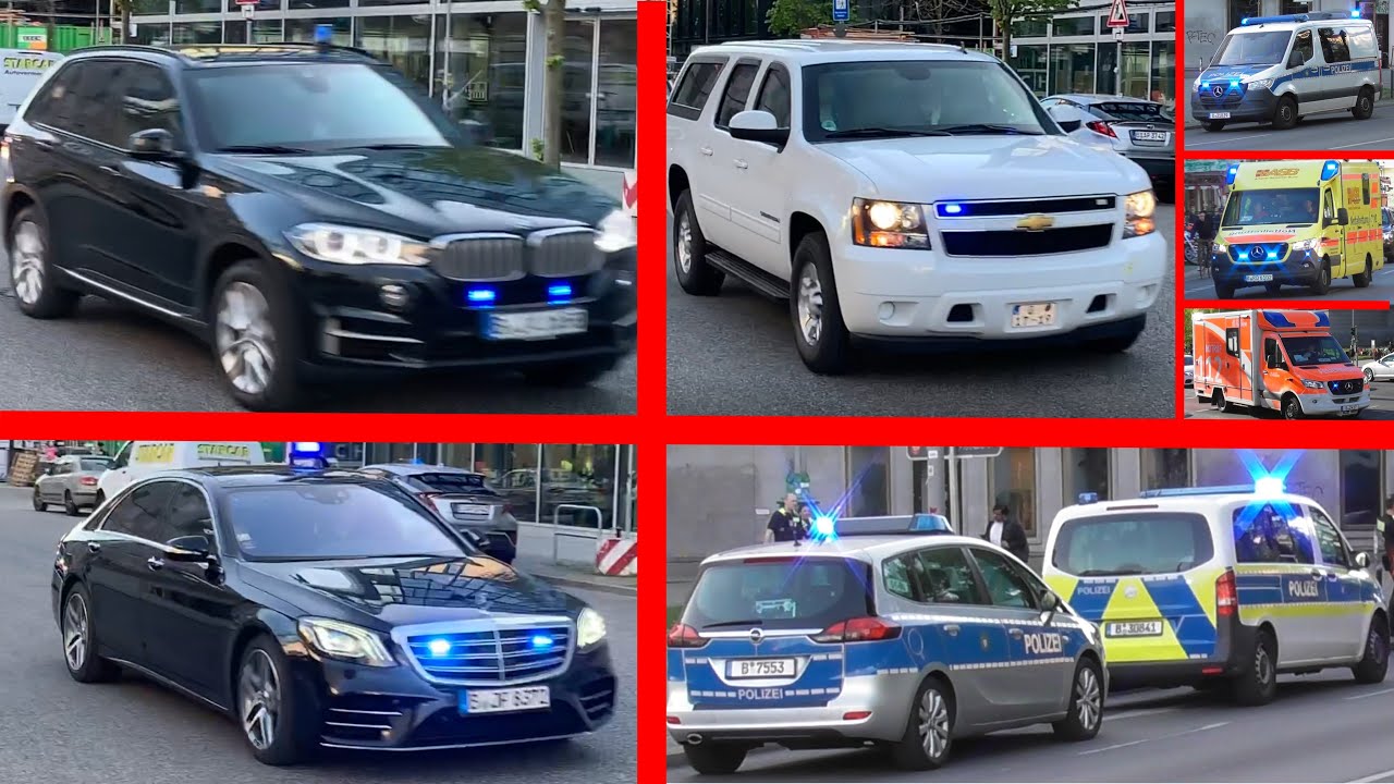 [Obama in Berlin] Kolonnenfahrt mit Suburban, Personenschutz, Krad-Begleitung [+Hundeführer, RTW's]