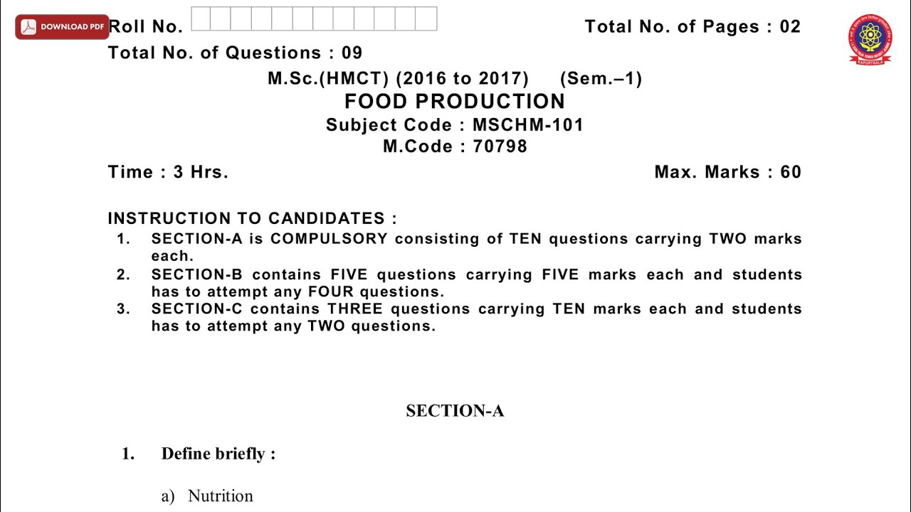MSC 1ST SEM HMCT FOOD PRODUCTION NOV 2019 | PTU