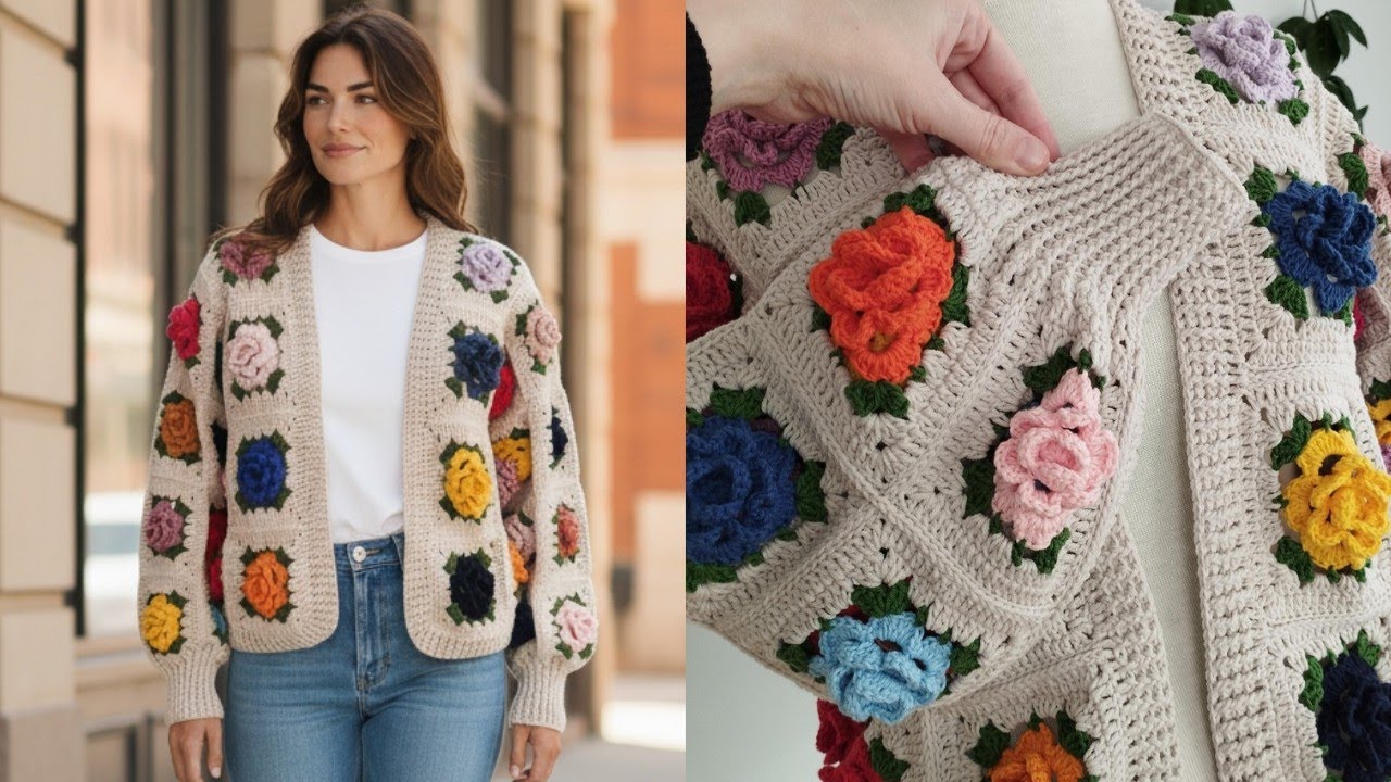 GÜL MOTİFLİ HIRKA 1. BÖLÜM 🌹 ROSE PATTERNED CARDIGAN 🌹 Motifli Hırka 🌹 Crochet Cardigan