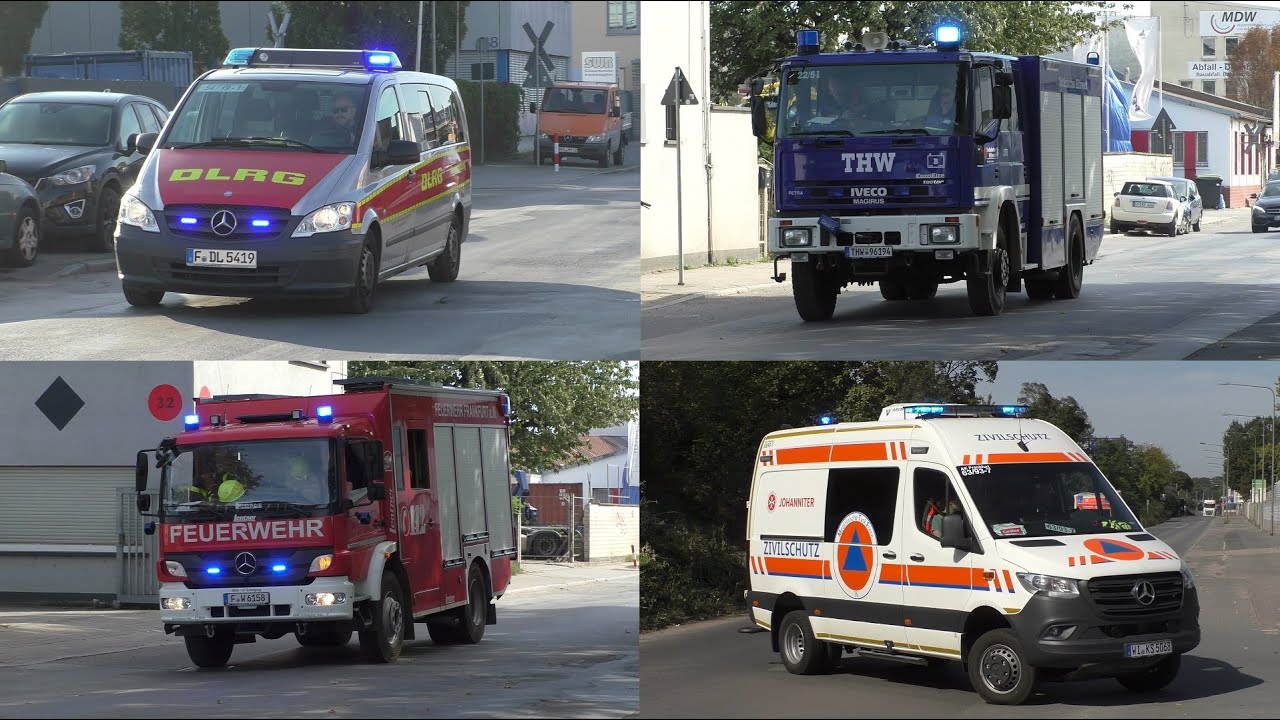 [Großübung Frankopia] Einsatzfahrten Feuerwehr, Rettungsdienst, THW und DLRG in Frankfurt