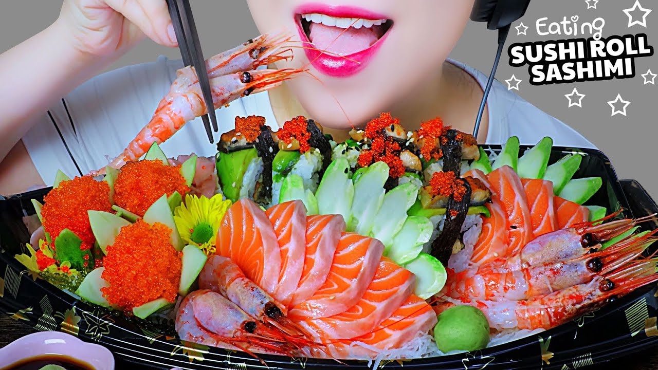 ASMR EATING SUSHI ROLL X SASHIMI BOAT(RAW SALMON SWEET SHRIMPS TOBIKO EGGS)EATING SOUNDS | LINH ASMR