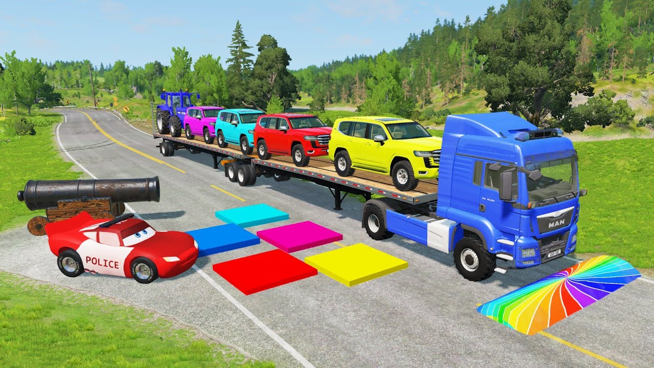 Flatbed Truck McQueen | Transportation with Truck - Pothole vs Car #11| BeamNG.Drive Gameplay