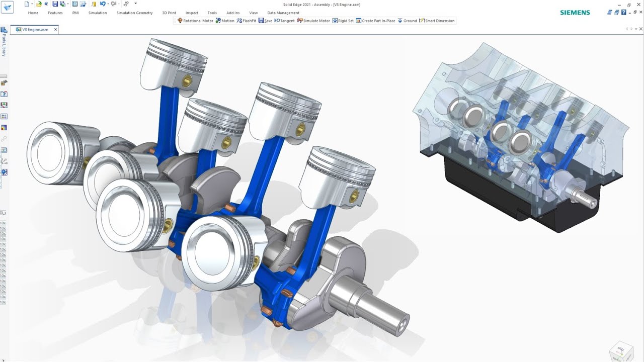 Assembly & Animation V8 Piston Engine Mechanism in Solid Edge