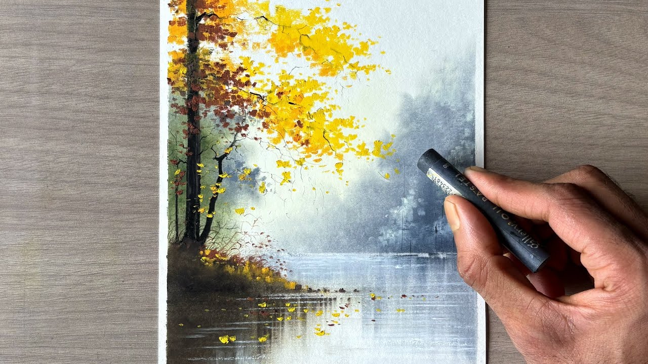 Calm misty morning scenery - easy oil pastel drawing for beginner