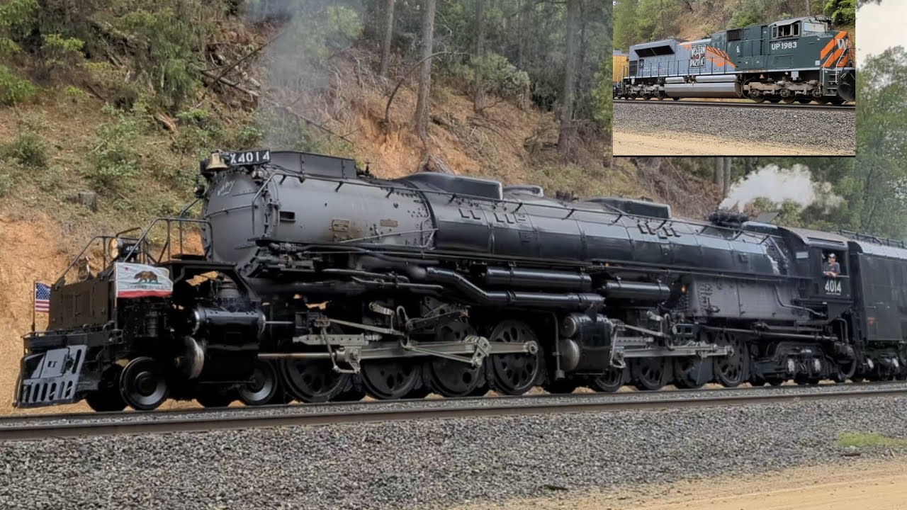 UP 4014 climbing the grade with a heritage unit in gold run CA.