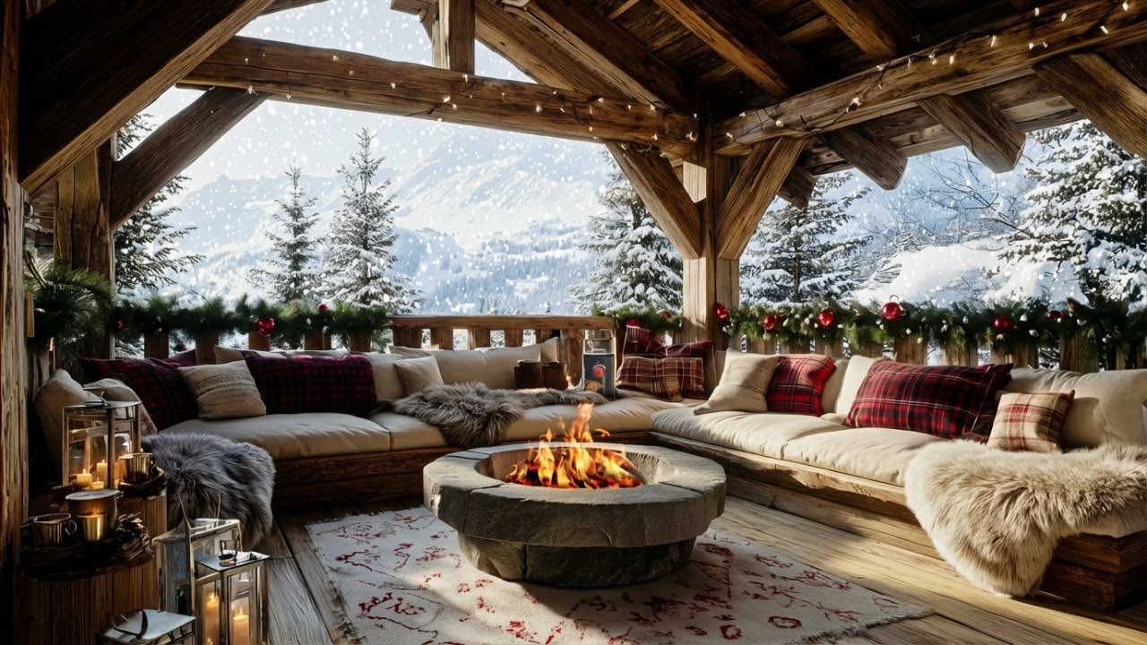 Snowy Mountain Terrace | Fireplace Sounds & White Noise | 4K Winter Ambience